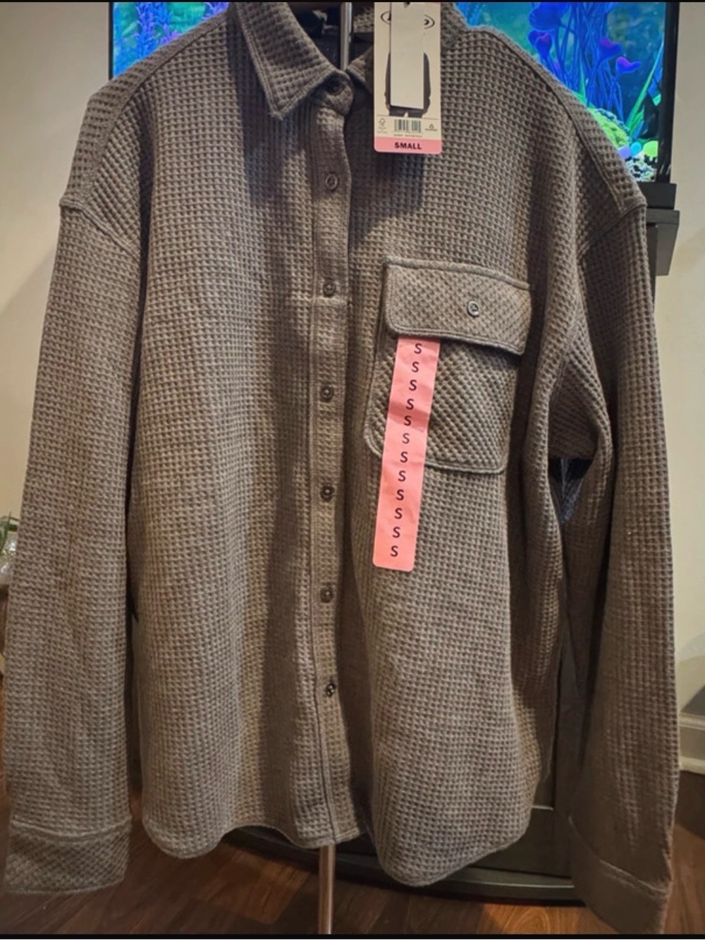 Men's Taupe Waffle-Knit Button-Up
